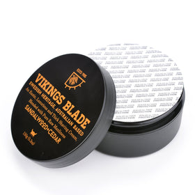 Vikings Blade open tub with visible cream and label highlighting fill size and scent notes