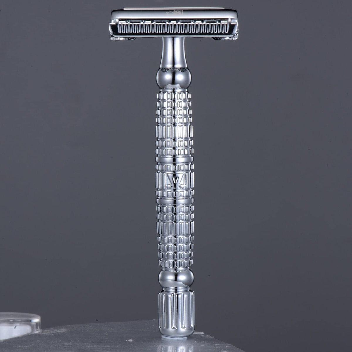 VIKINGS BLADE Vulcan on bathroom counter styled with shaving cream for refined routine