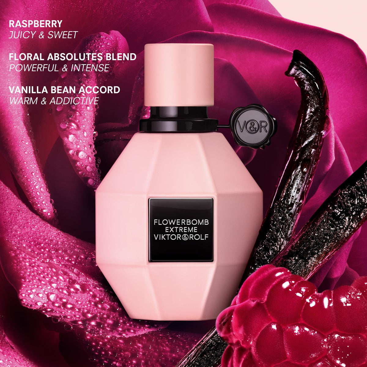 Viktor&Rolf close-up of Flowerbomb bottles highlighting textured glass and cap
