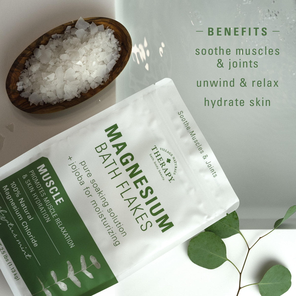 Village Naturals flakes dissolving in bath water for quick soak readiness