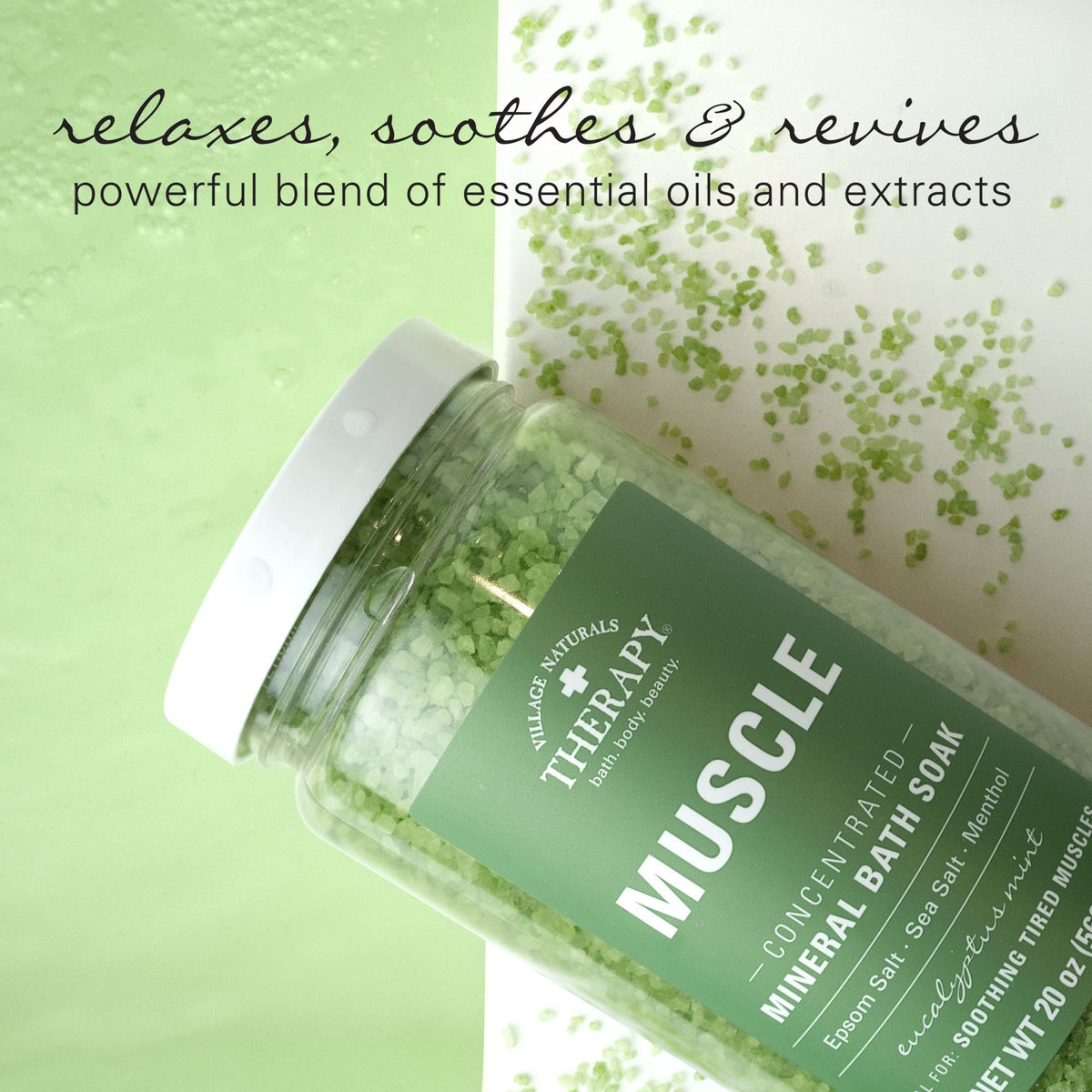 Village Naturals Therapy pouring soak into bathtub for fast relaxing soak