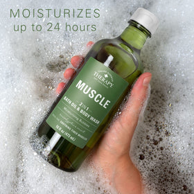 Village Naturals Therapy rich bubbles filling a bathtub for a hydrating soak and relaxation