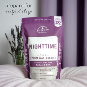 Village Naturals Therapy foaming soak in tub producing bubbles for a relaxing soak