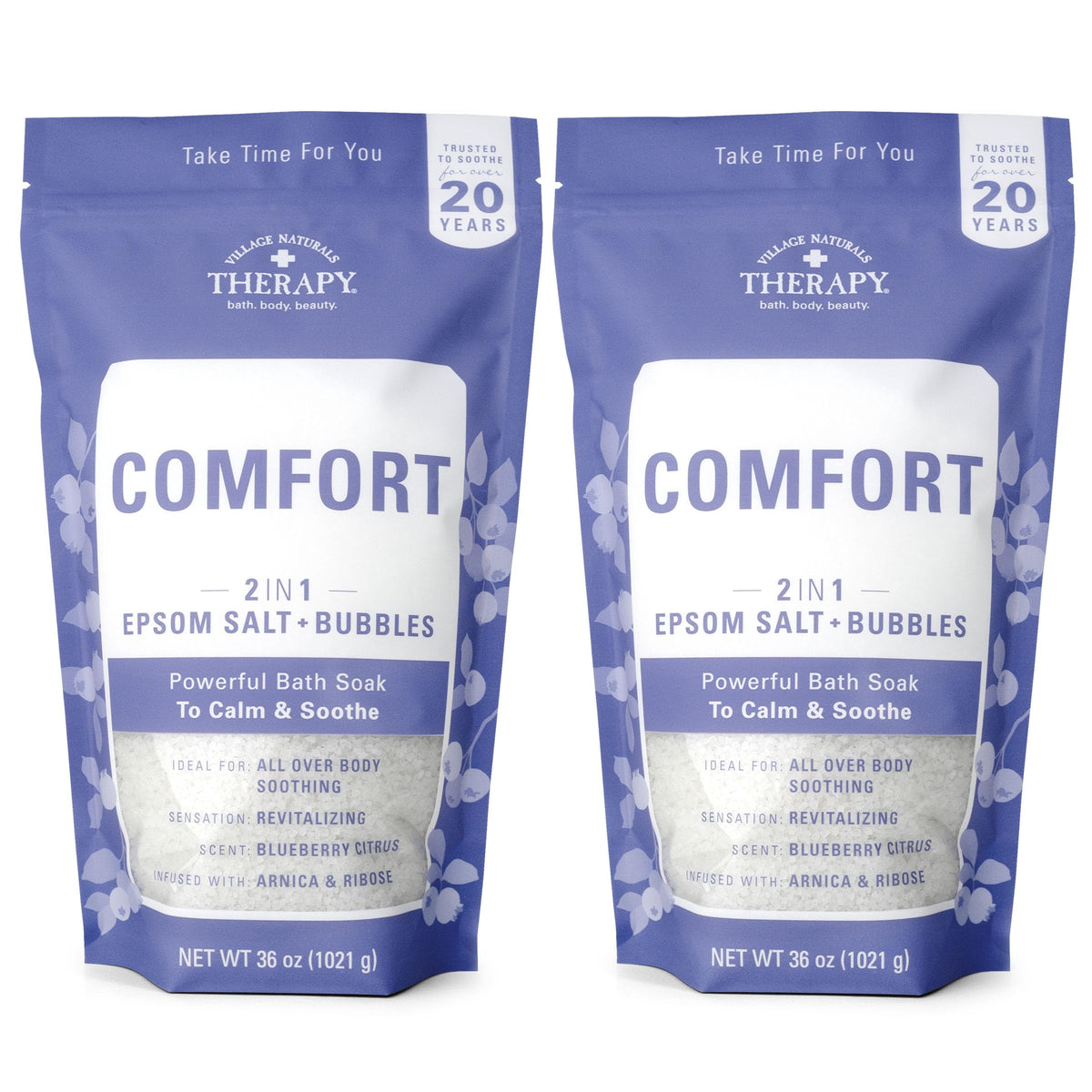 Village Naturals Therapy front packaging showing blueberry citrus scent and easy-pour benefit