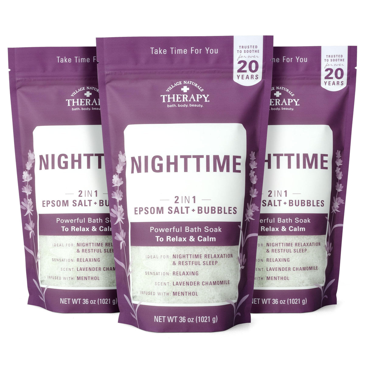 Village Naturals Therapy front packaging showing calming lavender scent and benefits