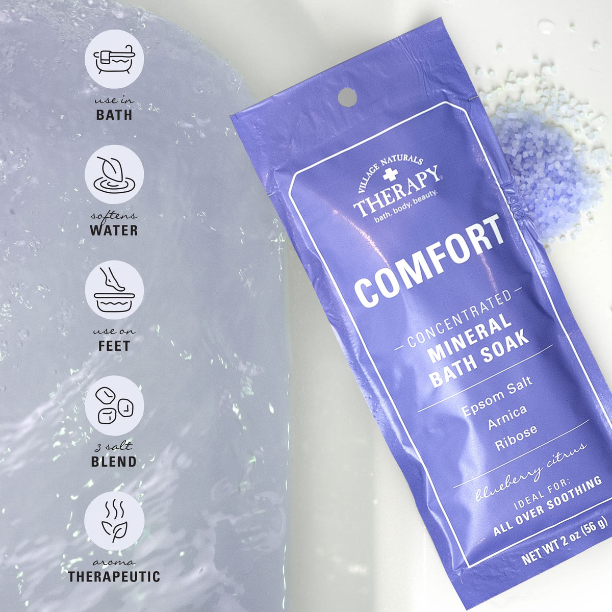 Packet being poured into a running tub demonstrating easy full-bath use