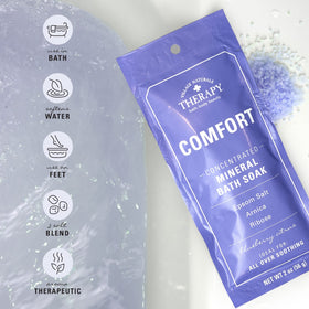 Packet being poured into a running tub demonstrating easy full-bath use