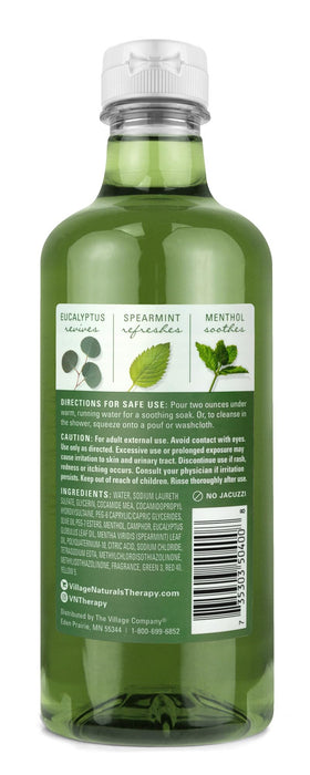 Village Naturals Therapy pouring bath oil under running water to produce bubbles and moisture