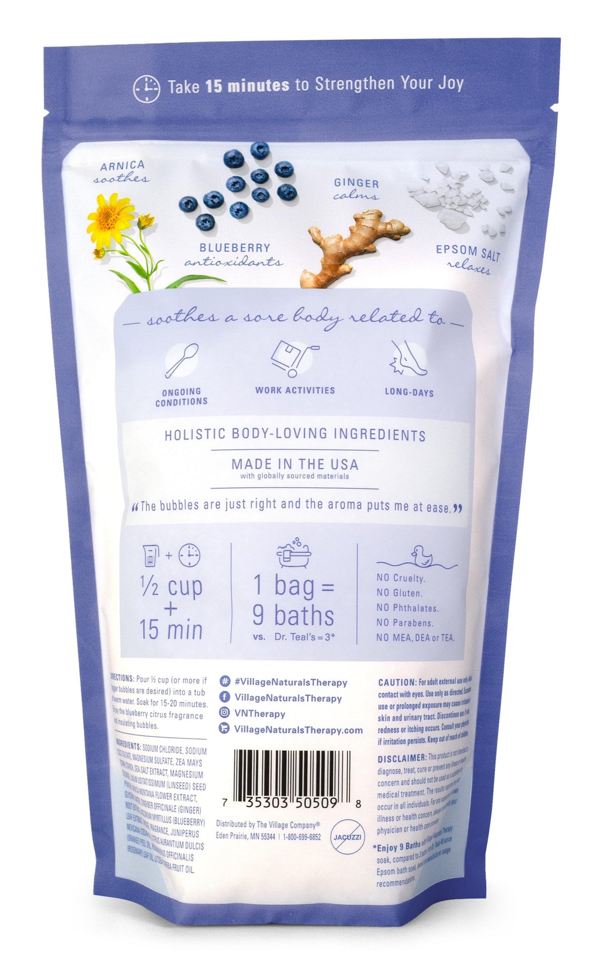 Village Naturals Therapy pouring foaming soak into tub for calming at-home spa benefit