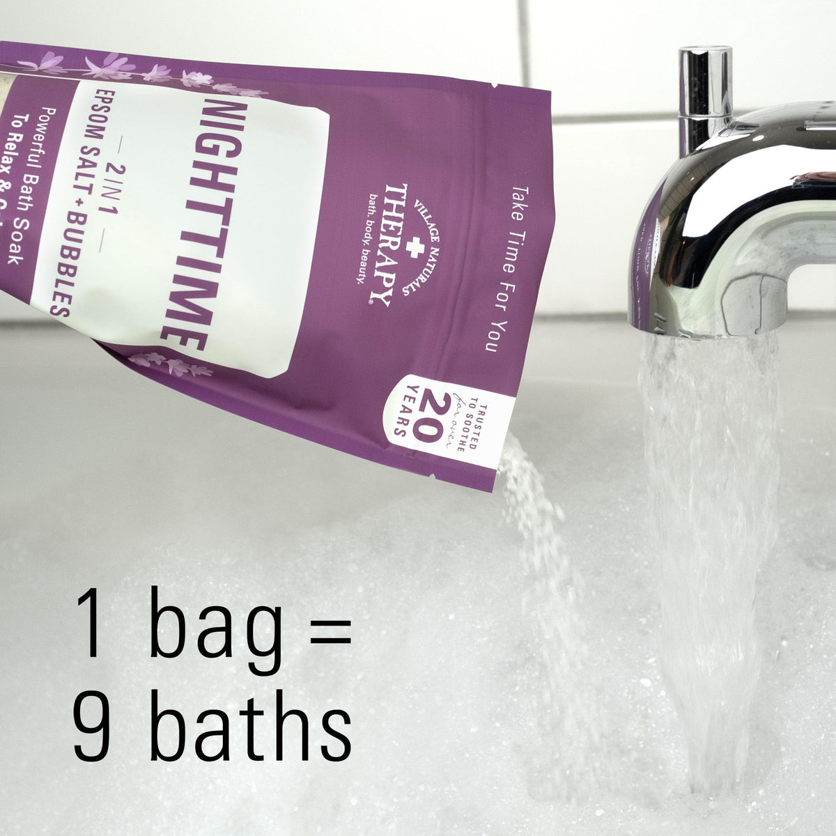 Village Naturals Therapy scoop measuring half-cup for accurate bath dosing and value