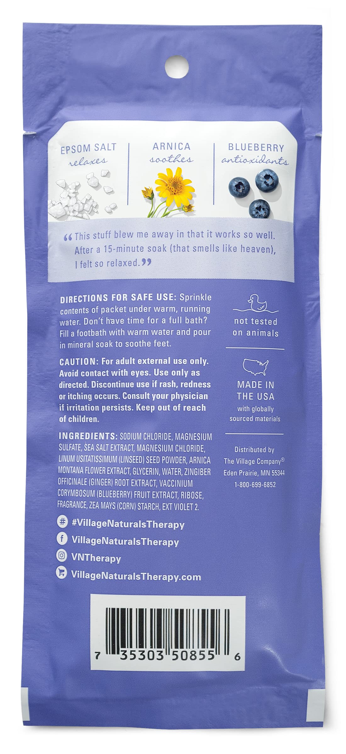 Close-up of Village Naturals Therapy single-use packet highlighting portable convenience