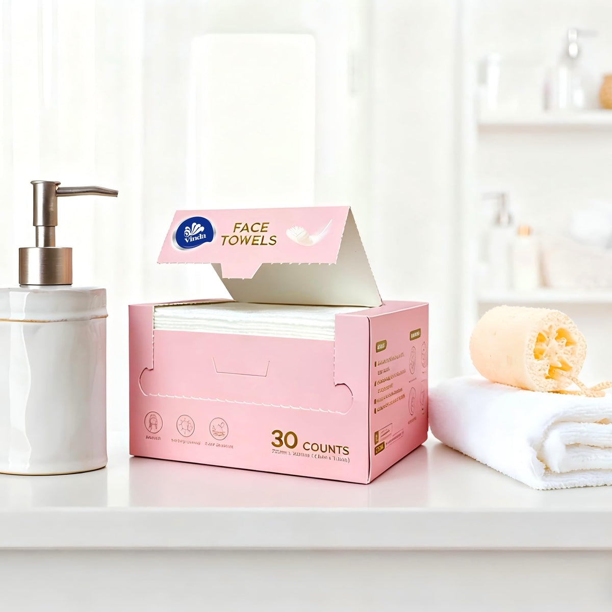 Vinda towels on bathroom counter suggesting hygienic routine