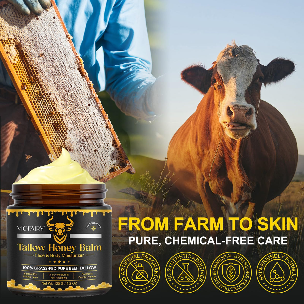 VIOFAIRY raw honey beeswax and tallow ingredients showing purity