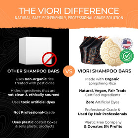 Viori shampoo bar held in hand to show compact travel size