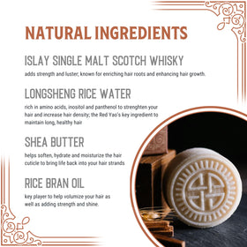 Viori Hamish & Co ingredients layout with rice water, shea, and whisky visible