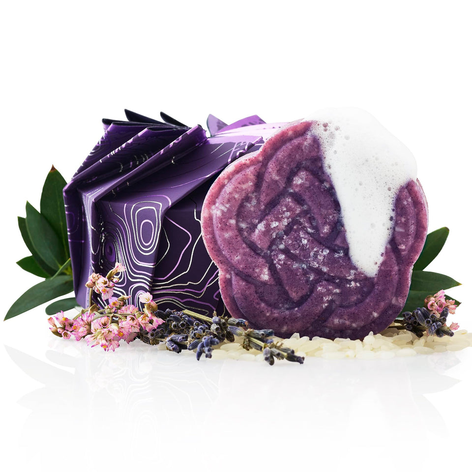Viori purple shampoo bar front packaging showing sustainable design and benefit