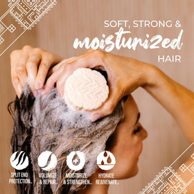 Viori purple shampoo bar with Longsheng rice display showing ethical sourcing benefit
