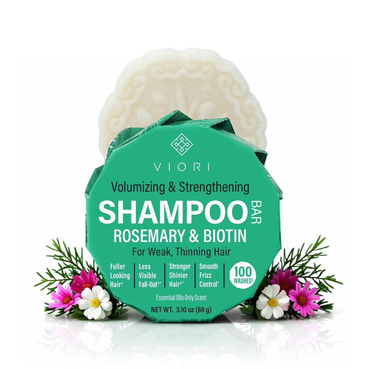 Viori rosemary shampoo bar front packaging showing eco-friendly benefits