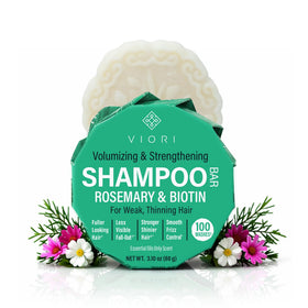 Viori rosemary shampoo bar front packaging showing eco-friendly benefits