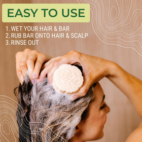 Viori shampoo bar held in hand to show compact travel-friendly size