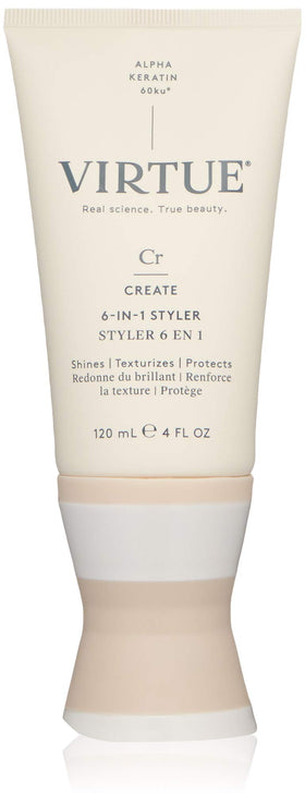 VIRTUE 6-in-1 Styler front packaging showing bottle and clean formula benefits