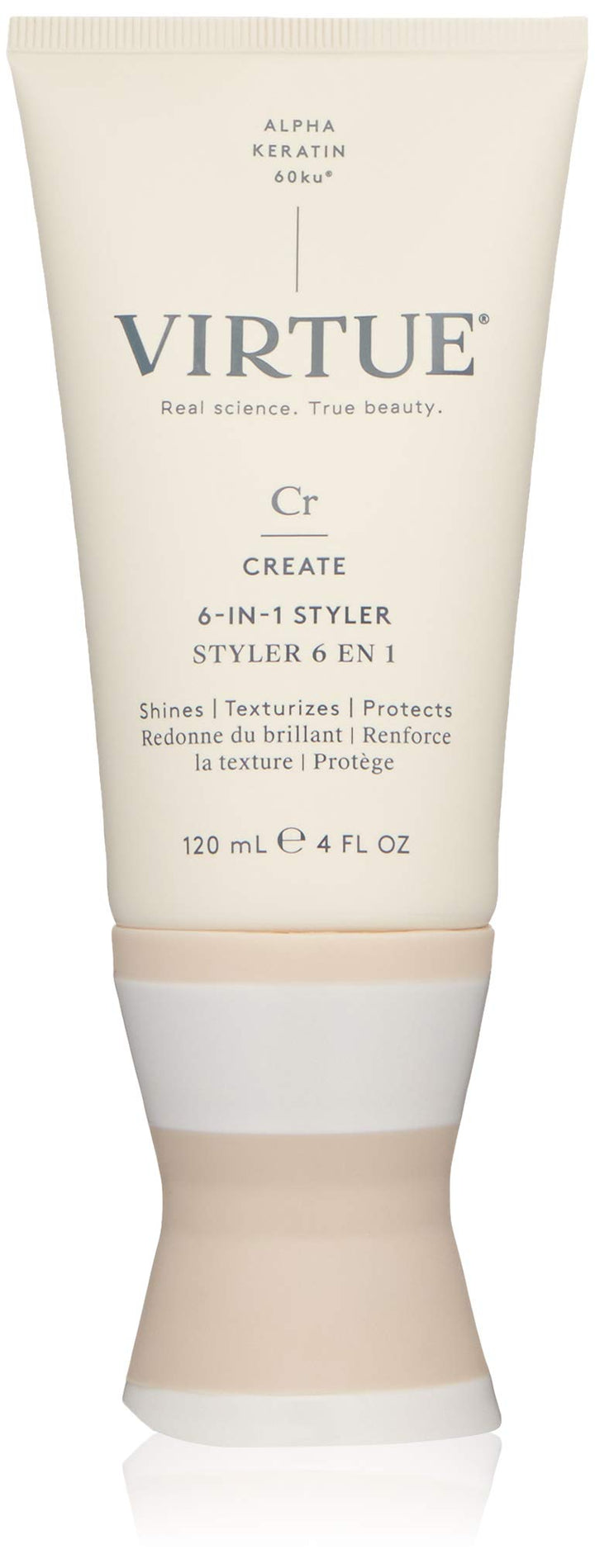 VIRTUE 6-in-1 Styler front packaging showing bottle and clean formula benefits