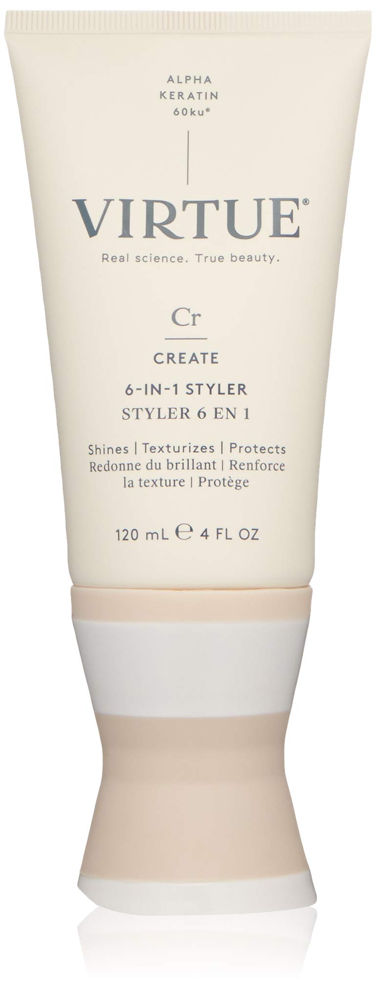 VIRTUE 6-in-1 Styler front packaging showing bottle and clean formula benefits