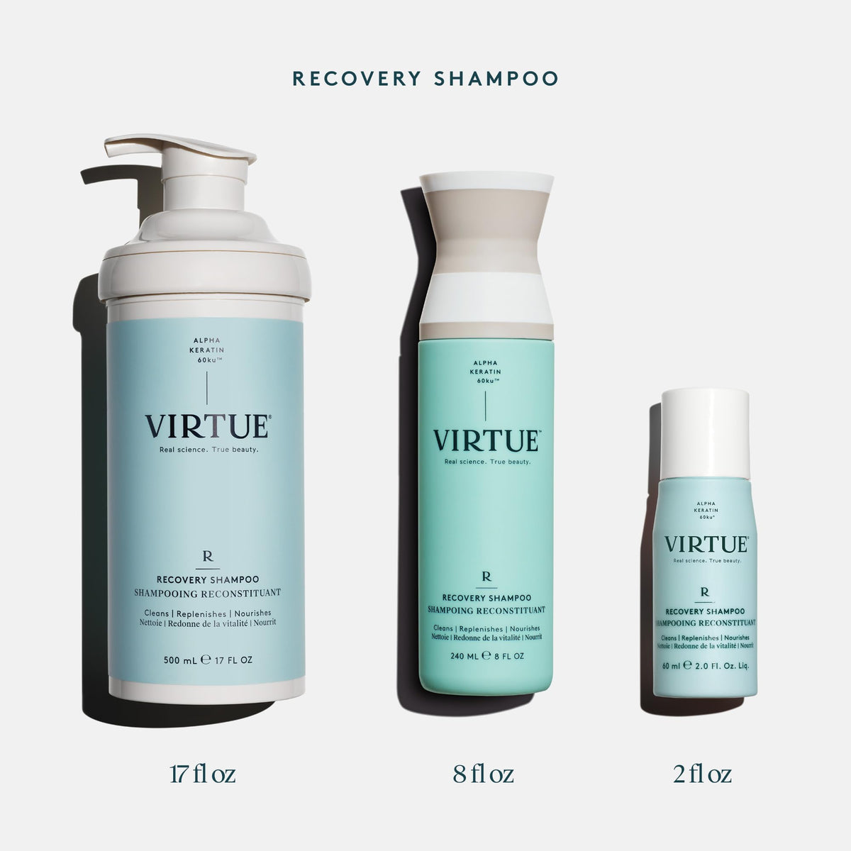 VIRTUE bottle pump detail showing easy-dispense convenience benefit