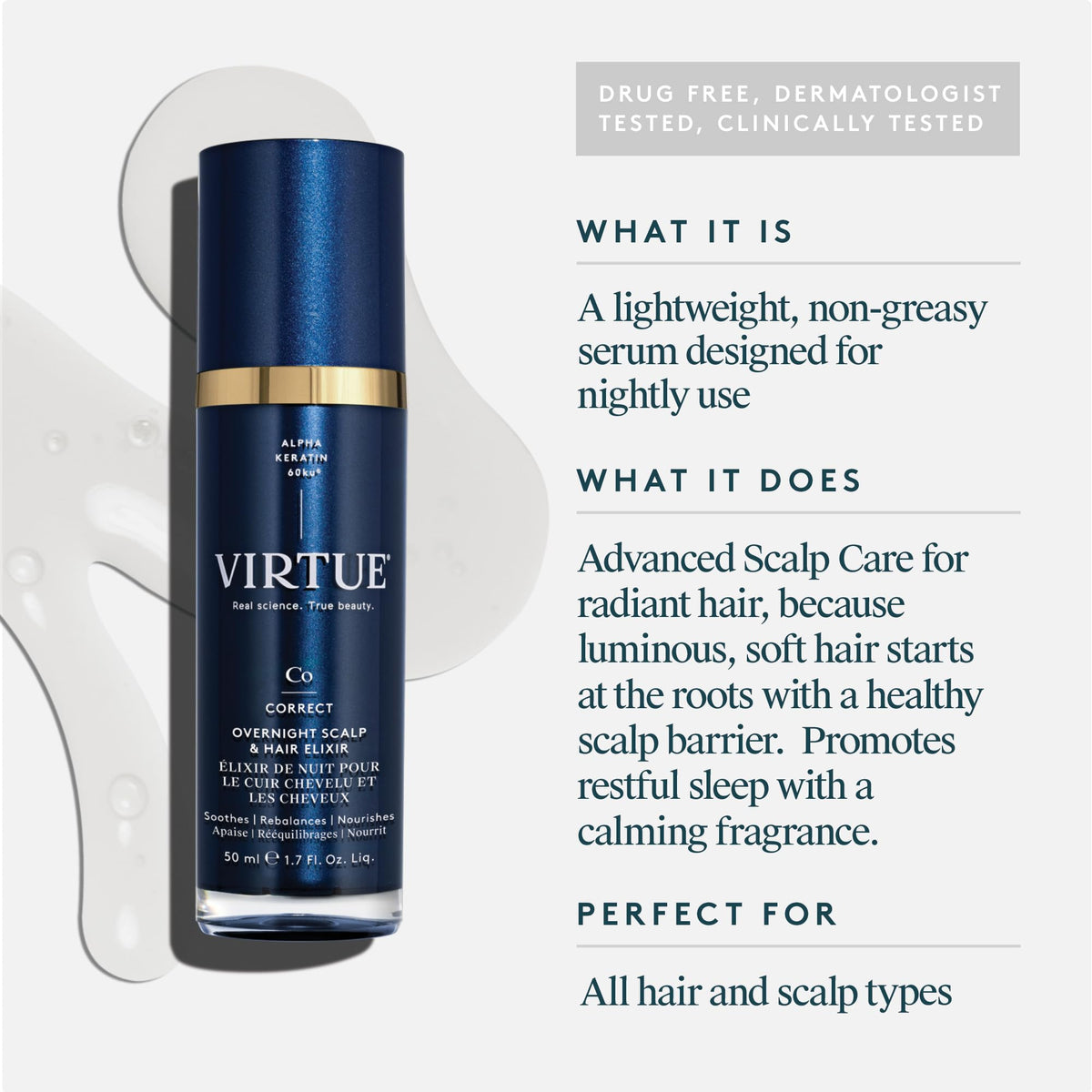 VIRTUE dispenser drop of elixir demonstrating easy application benefit