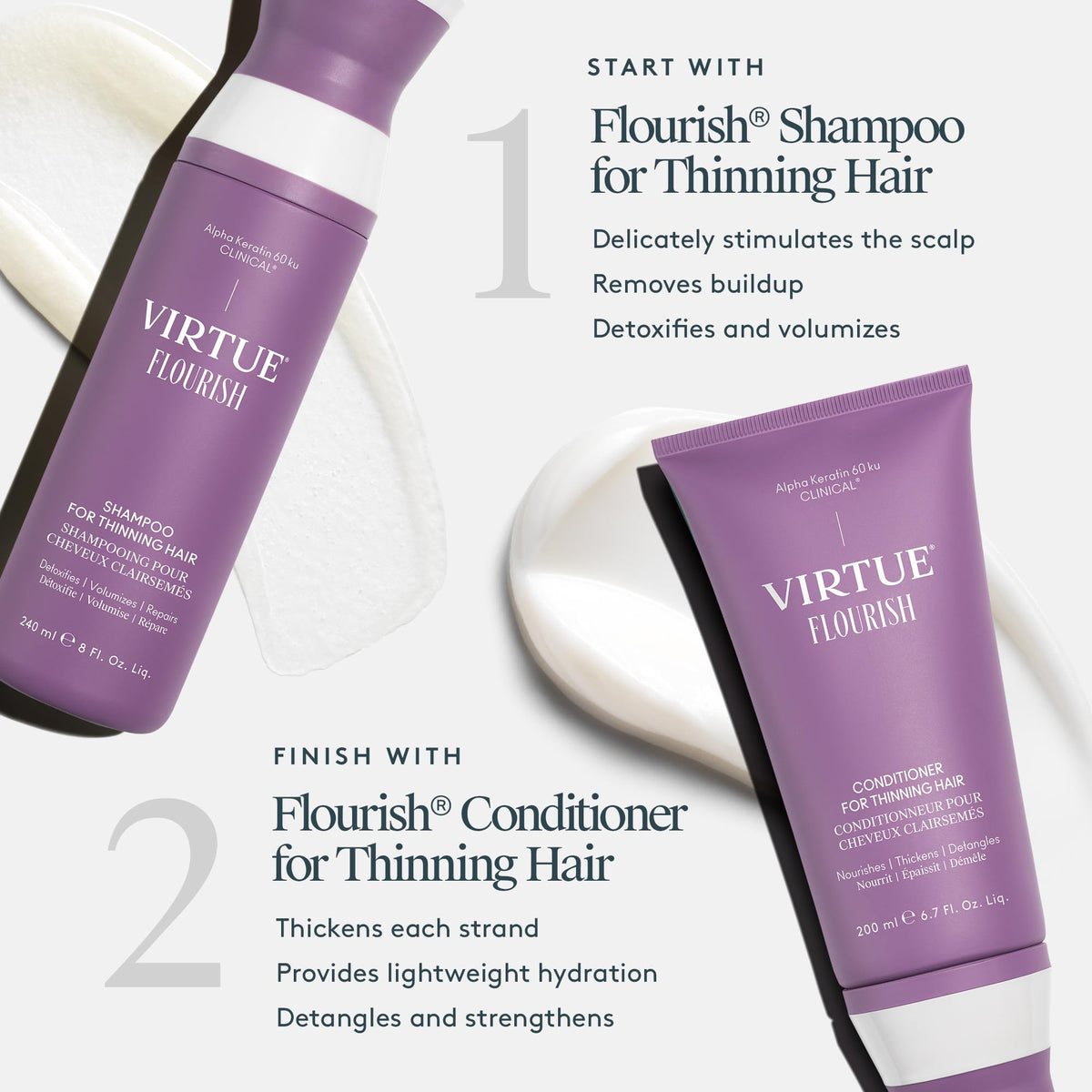 VIRTUE foamy lather on hair illustrating gentle, purifying cleanse and root lift