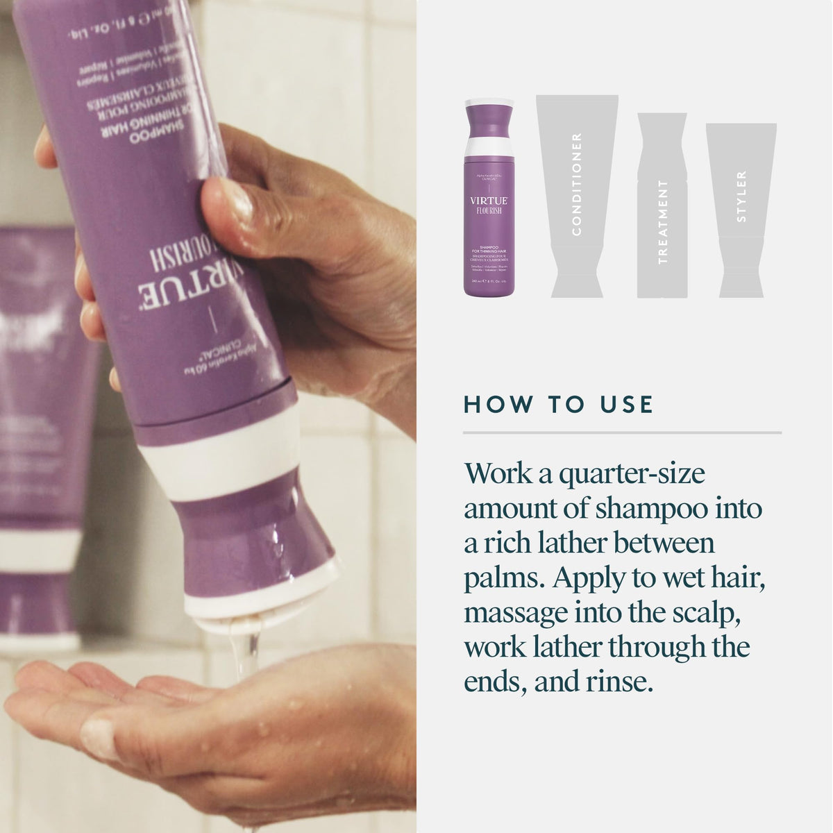 VIRTUE shampoo staged in bathroom to suggest everyday use and routine integration