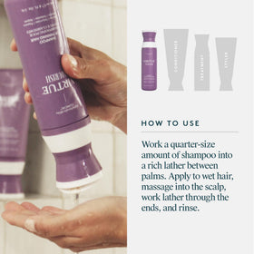 VIRTUE shampoo staged in bathroom to suggest everyday use and routine integration