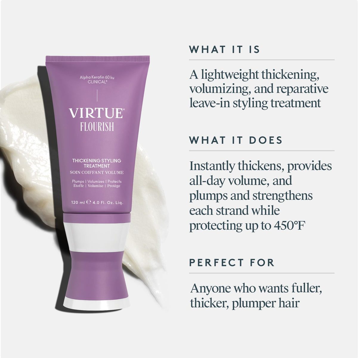 VIRTUE cream texture close-up highlighting soufflé-like consistency for lightweight volume