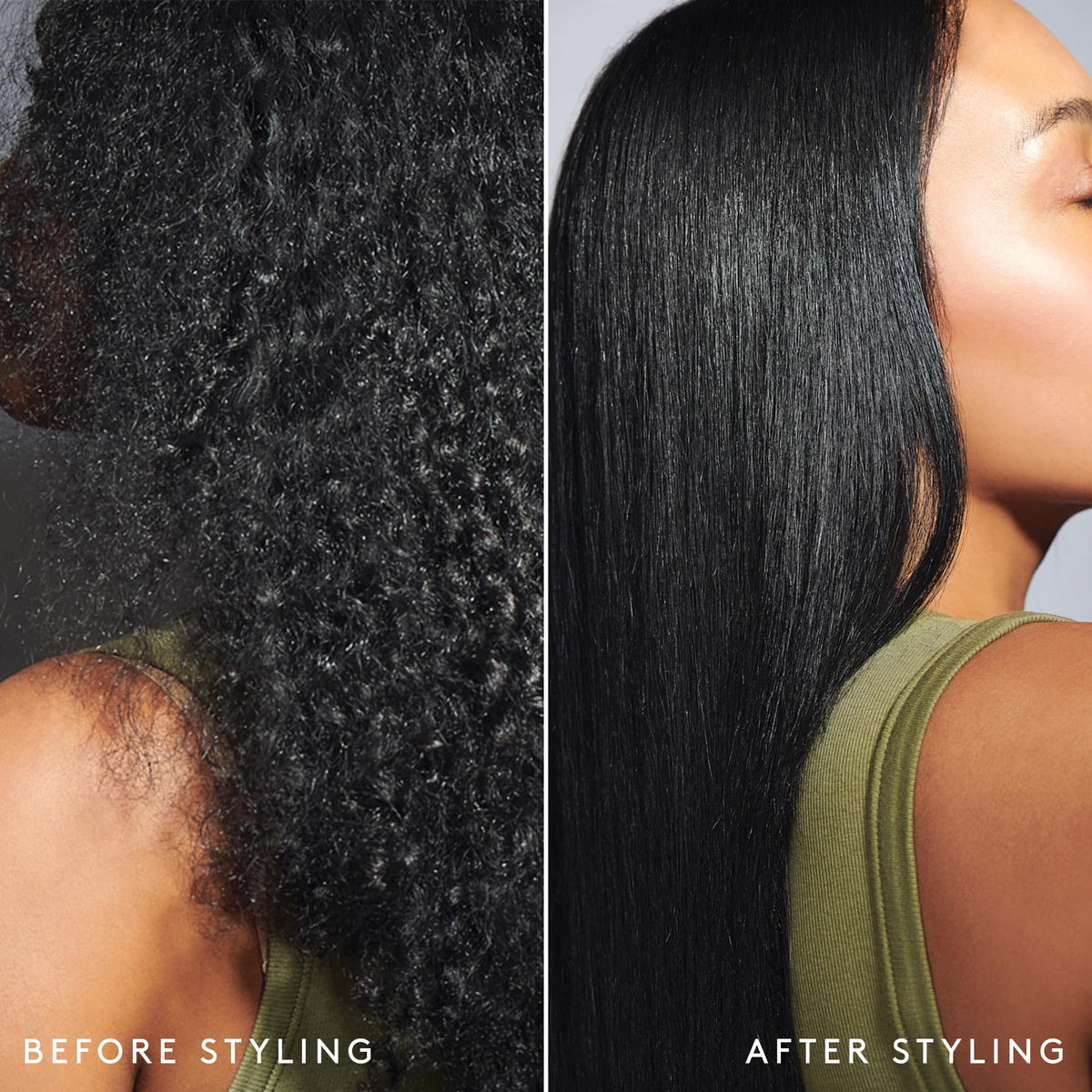 VIRTUE before-and-after hair comparison showing reduced frizz