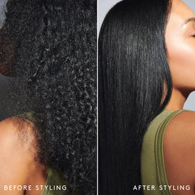 VIRTUE before-and-after hair comparison showing reduced frizz