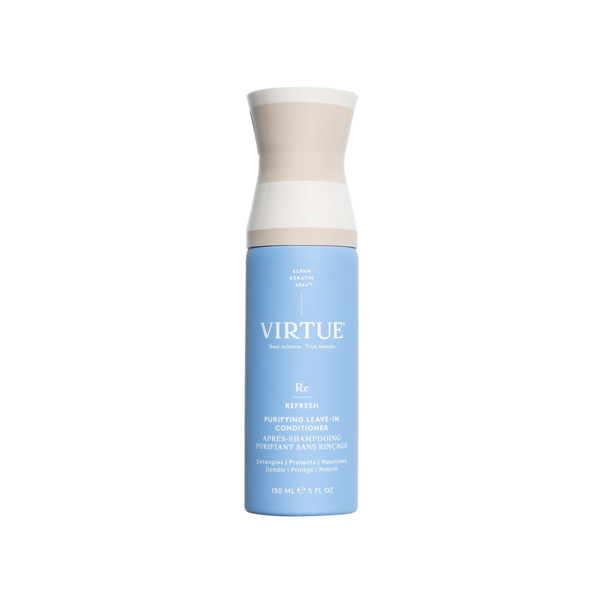 VIRTUE front bottle of leave-in spray showing packaging and size benefits