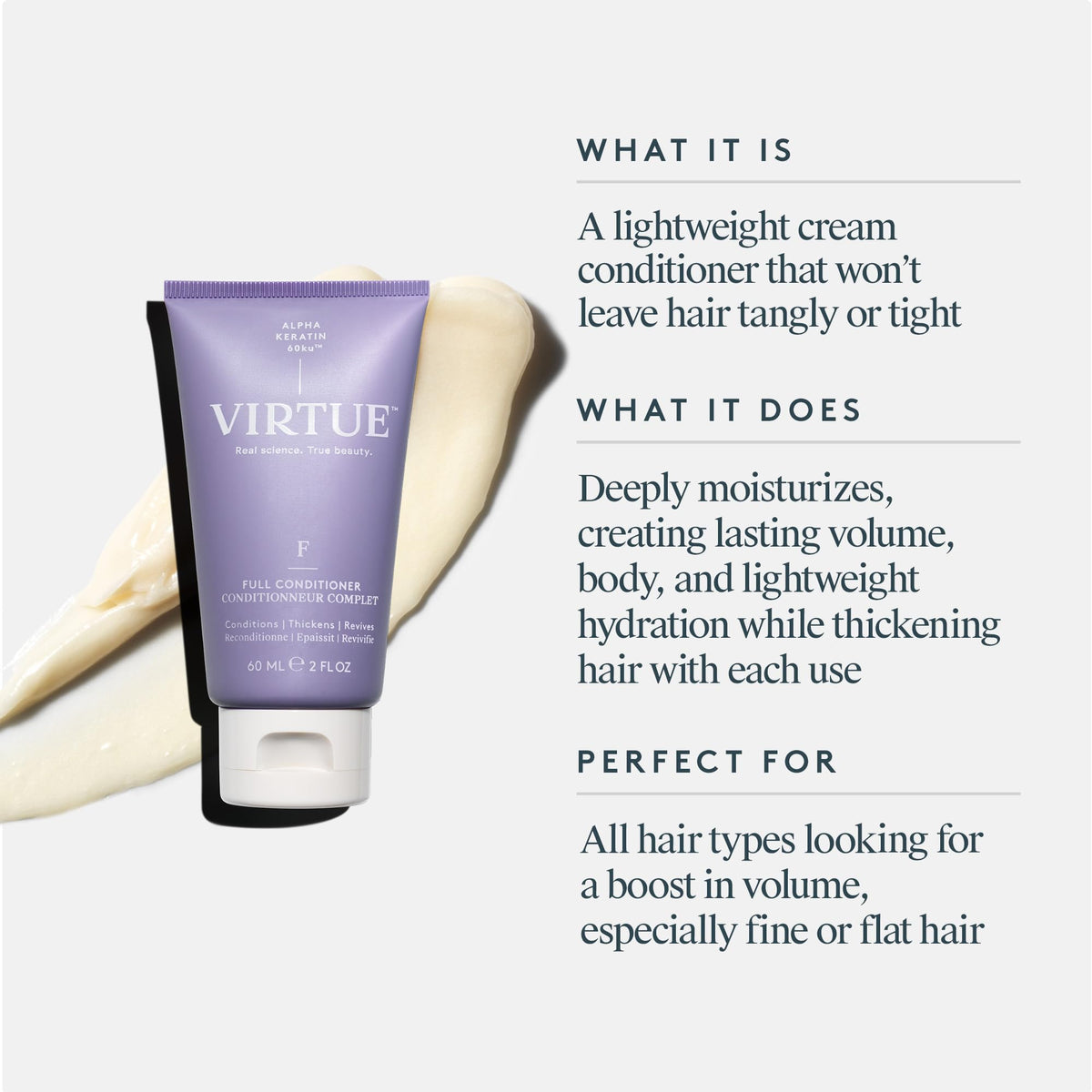 VIRTUE pump and cap detail highlighting user-friendly dispensing benefit