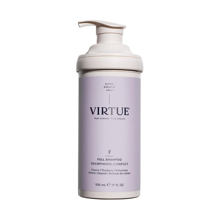 VIRTUE bottle front packaging showing brand and volumizing shampoo benefits