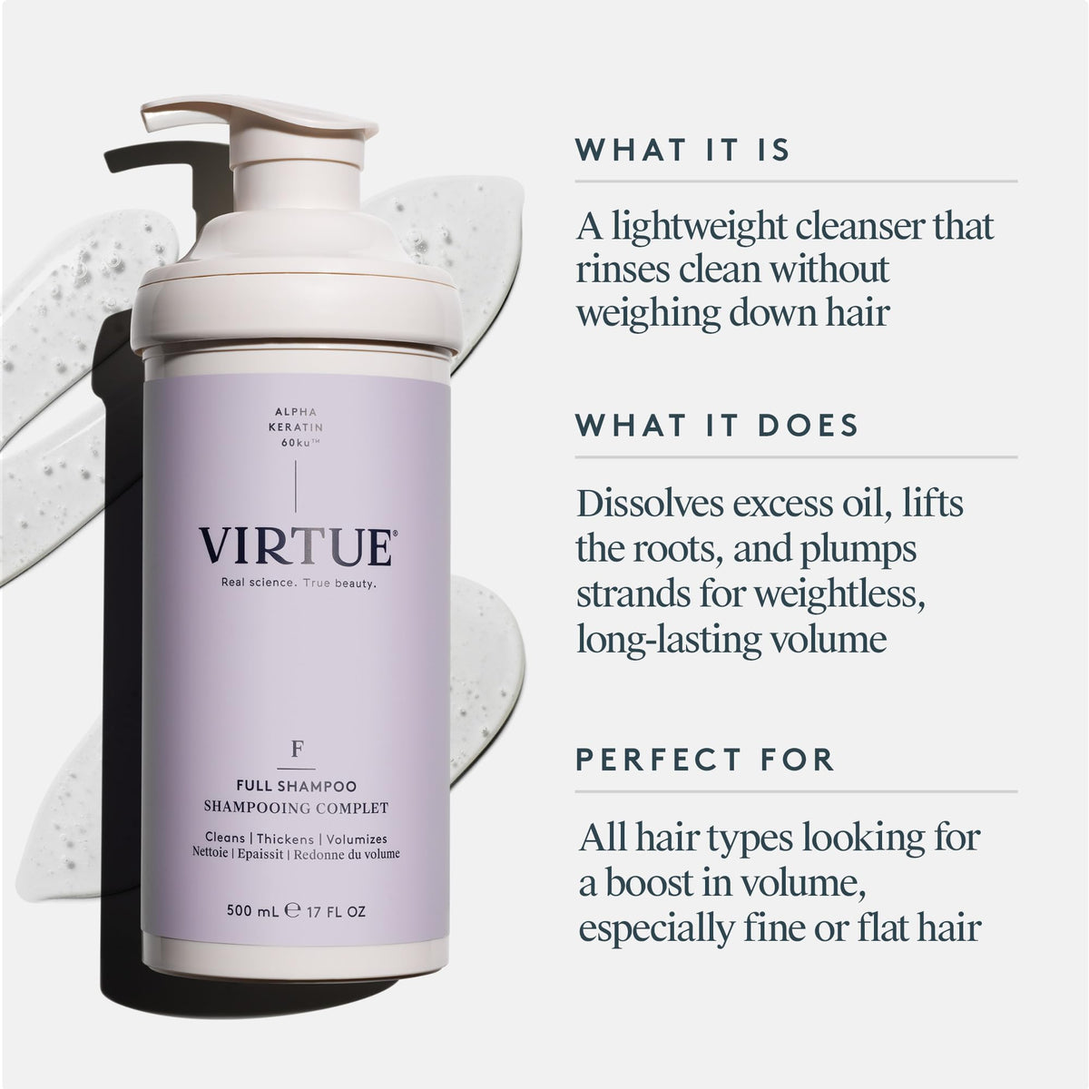VIRTUE pump dispensing gel texture highlighting lightweight formula