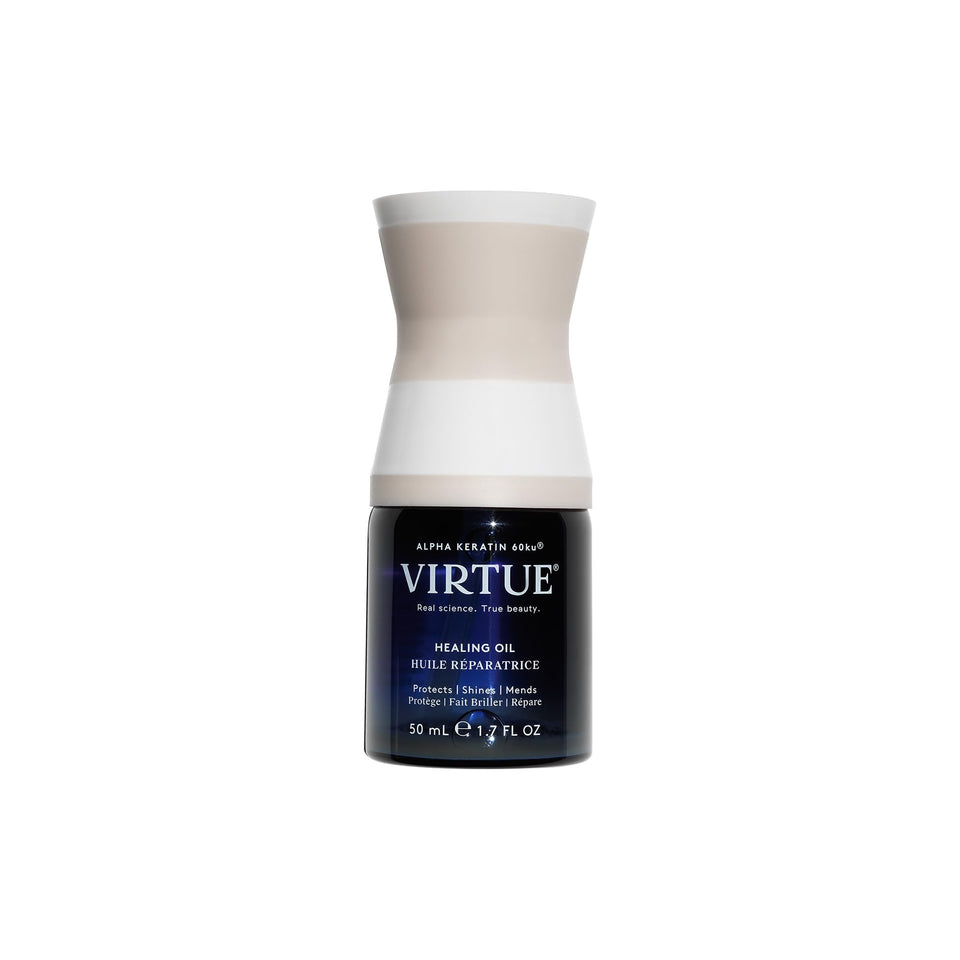 VIRTUE front bottle view showing compact packaging and clear serum benefit: easy storage