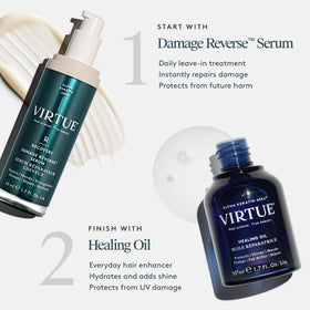 VIRTUE hands applying oil through mid-lengths demonstrating frizz control benefit