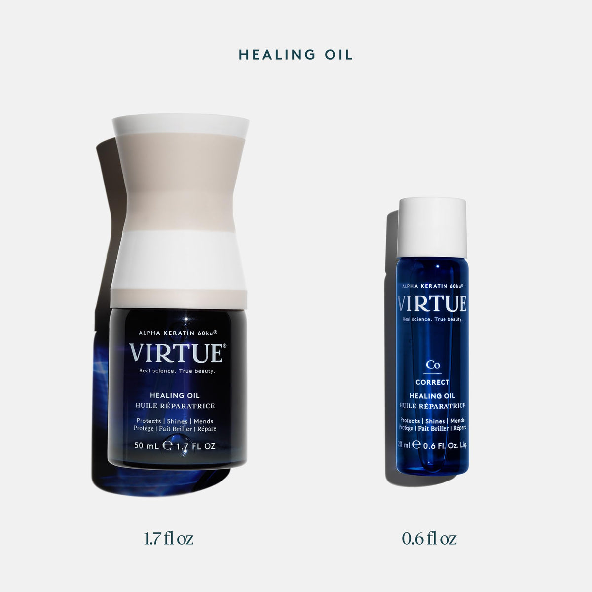 VIRTUE bottle beside a hand for scale showing the 1.7 fl oz travel-friendly size