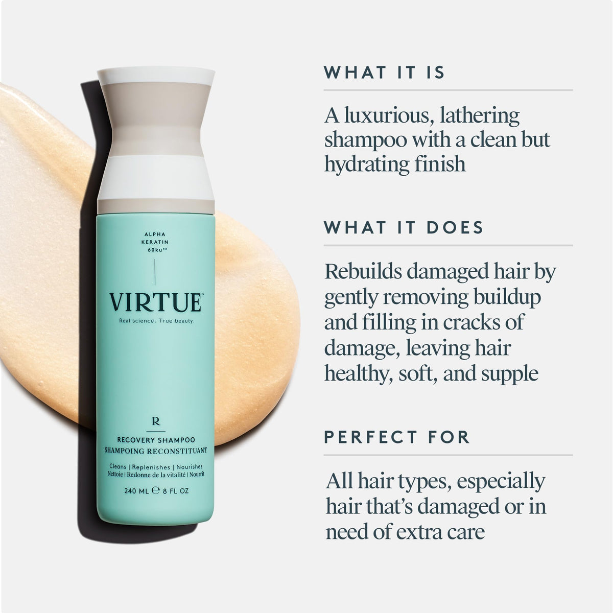 VIRTUE keratin texture close-up highlighting repair benefits