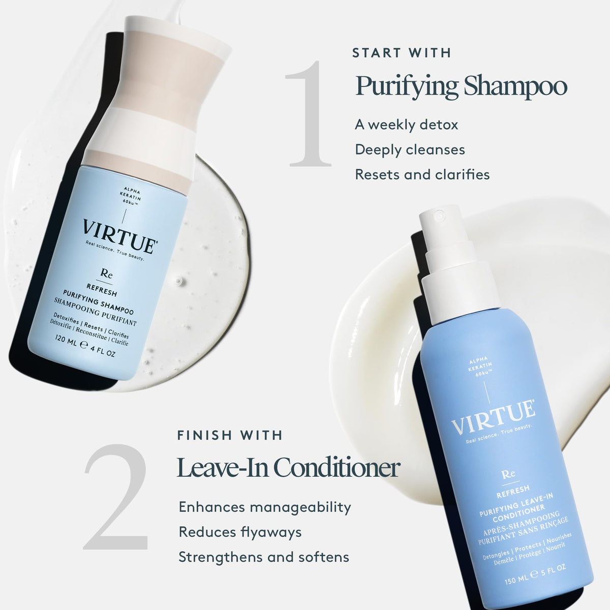 VIRTUE label detail highlighting Alpha Keratin 60ku for improved hair strength
