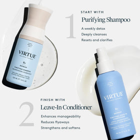 VIRTUE label detail highlighting Alpha Keratin 60ku for improved hair strength