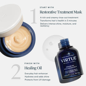 VIRTUE applying mask to damp hair demonstrating easy application benefit