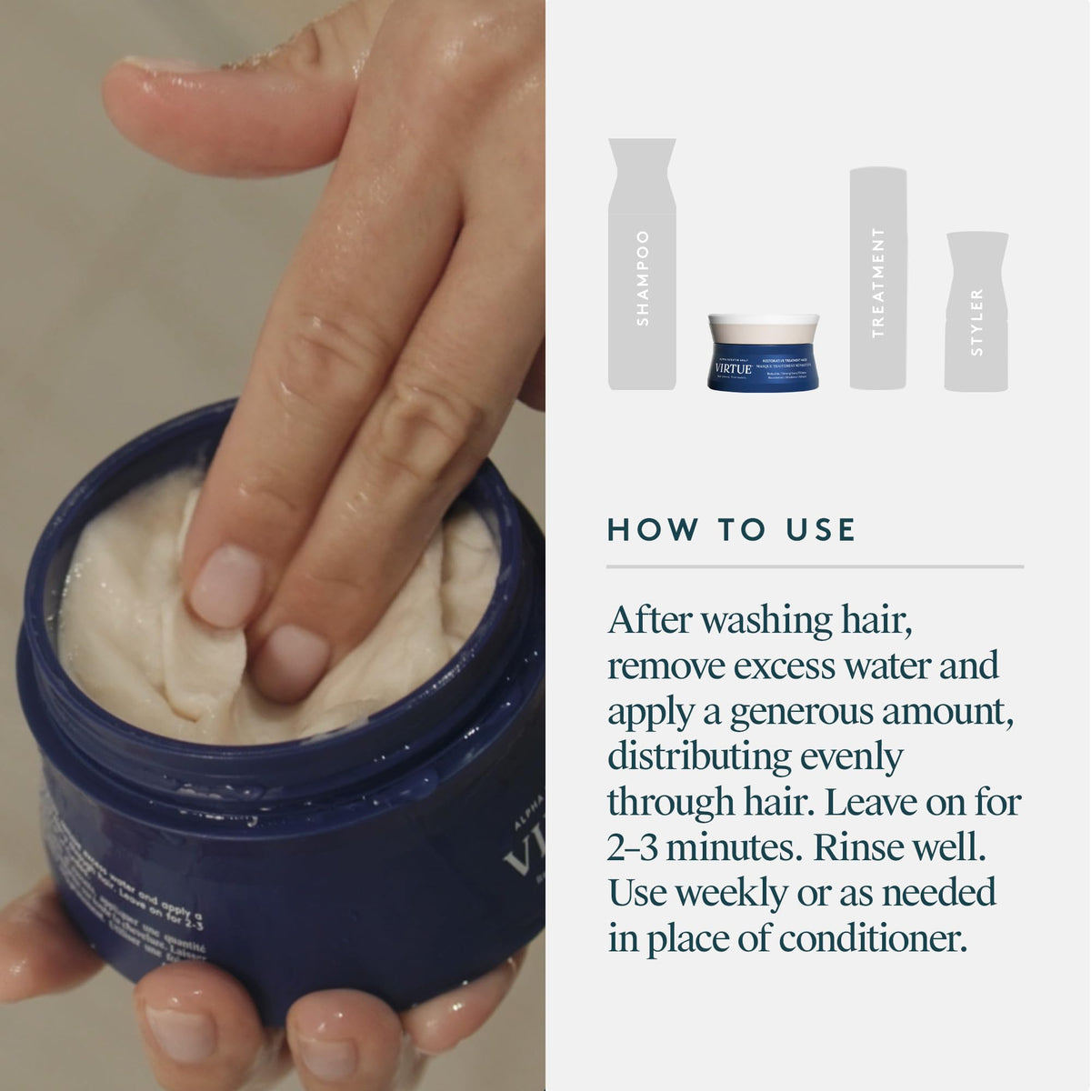 VIRTUE product on bathroom shelf lifestyle shot showing premium routine benefit