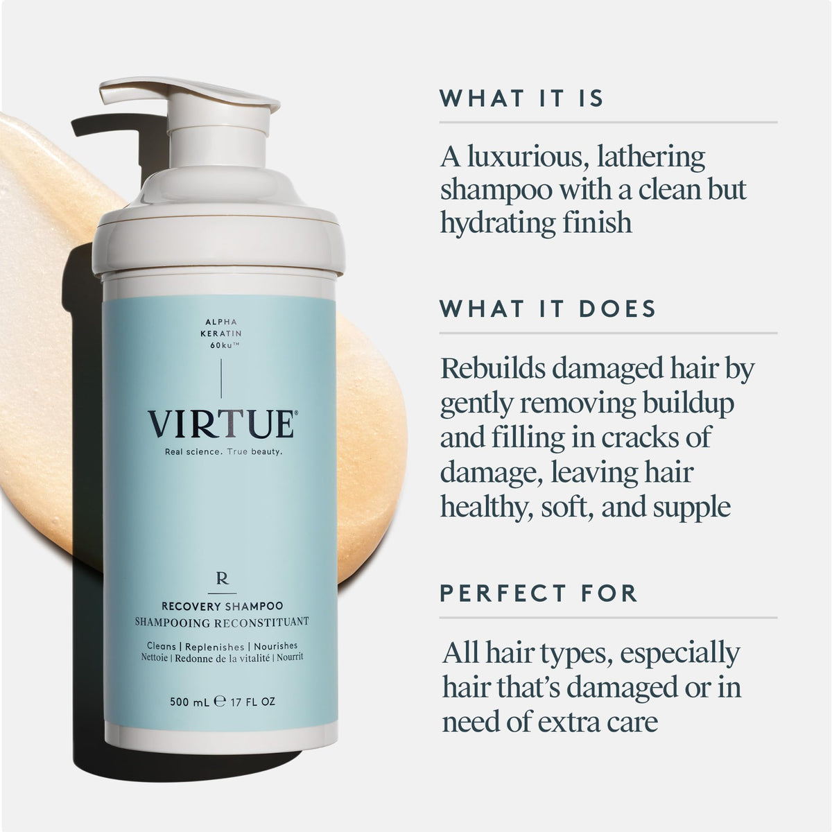 VIRTUE back label close-up showing ingredients and usage benefits
