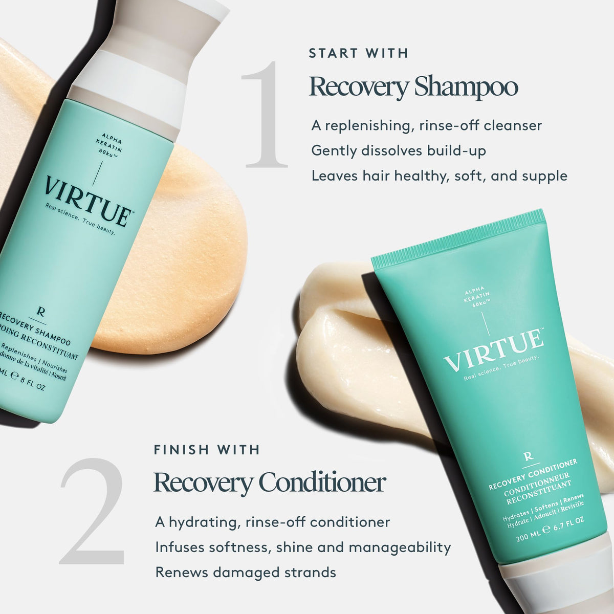 VIRTUE conditioner applied to hands demonstrating easy spread and detangling benefit