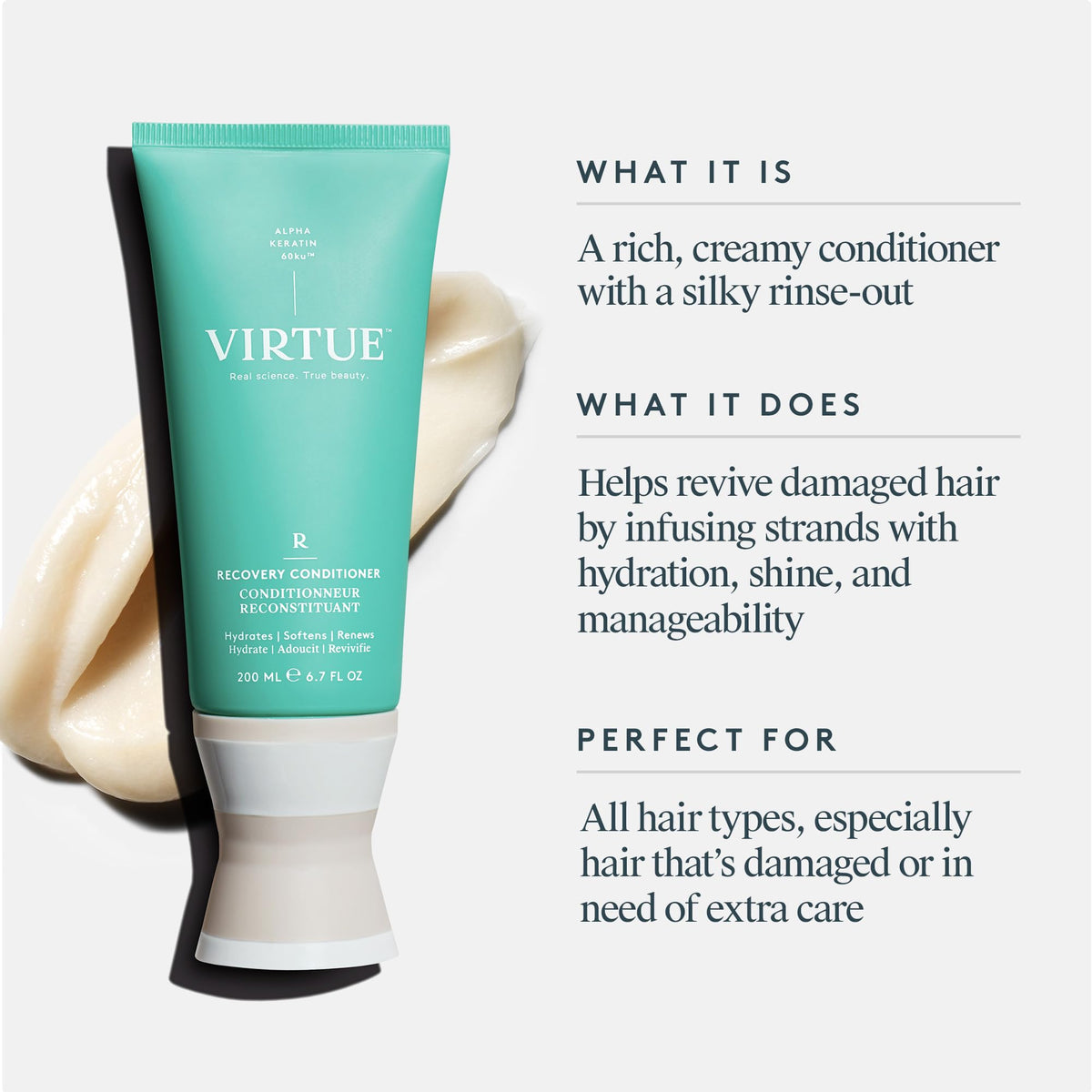 VIRTUE cream texture visible at open cap, showing rich hydrating formula